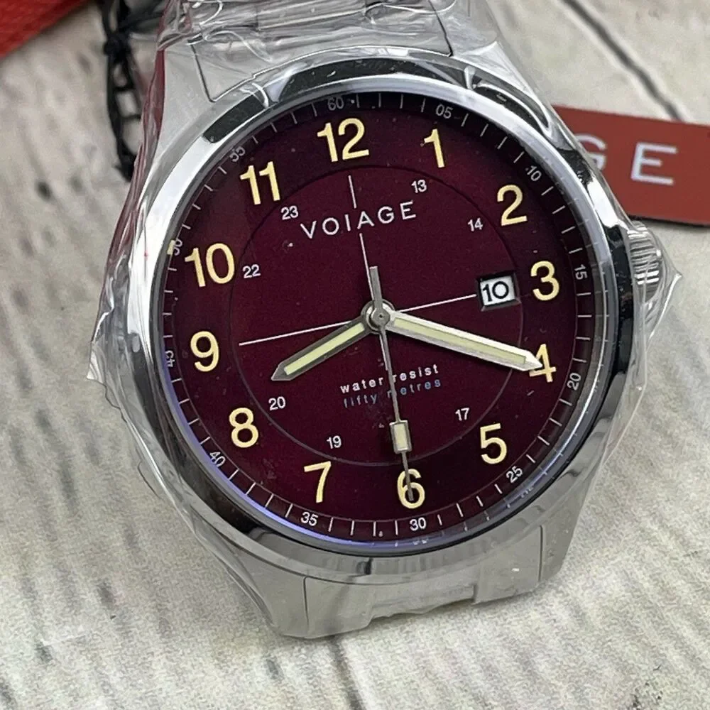 Voiage Men's Silver Stainless Steel Analog Dial Quartz Watch Red Dial VG-2001-55